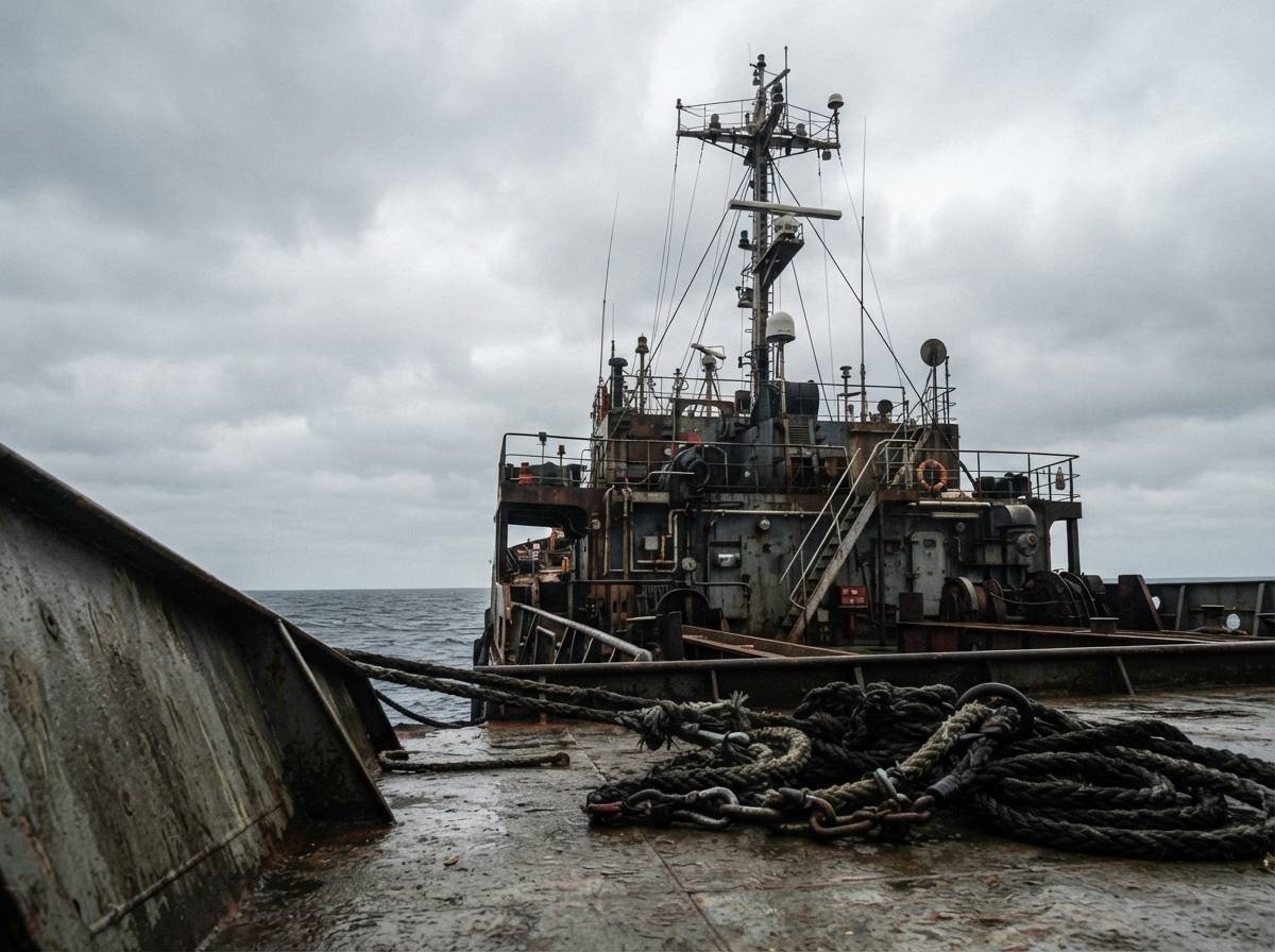 Close view of a cargo ship's deck and radar equipment under an overcast sky.
