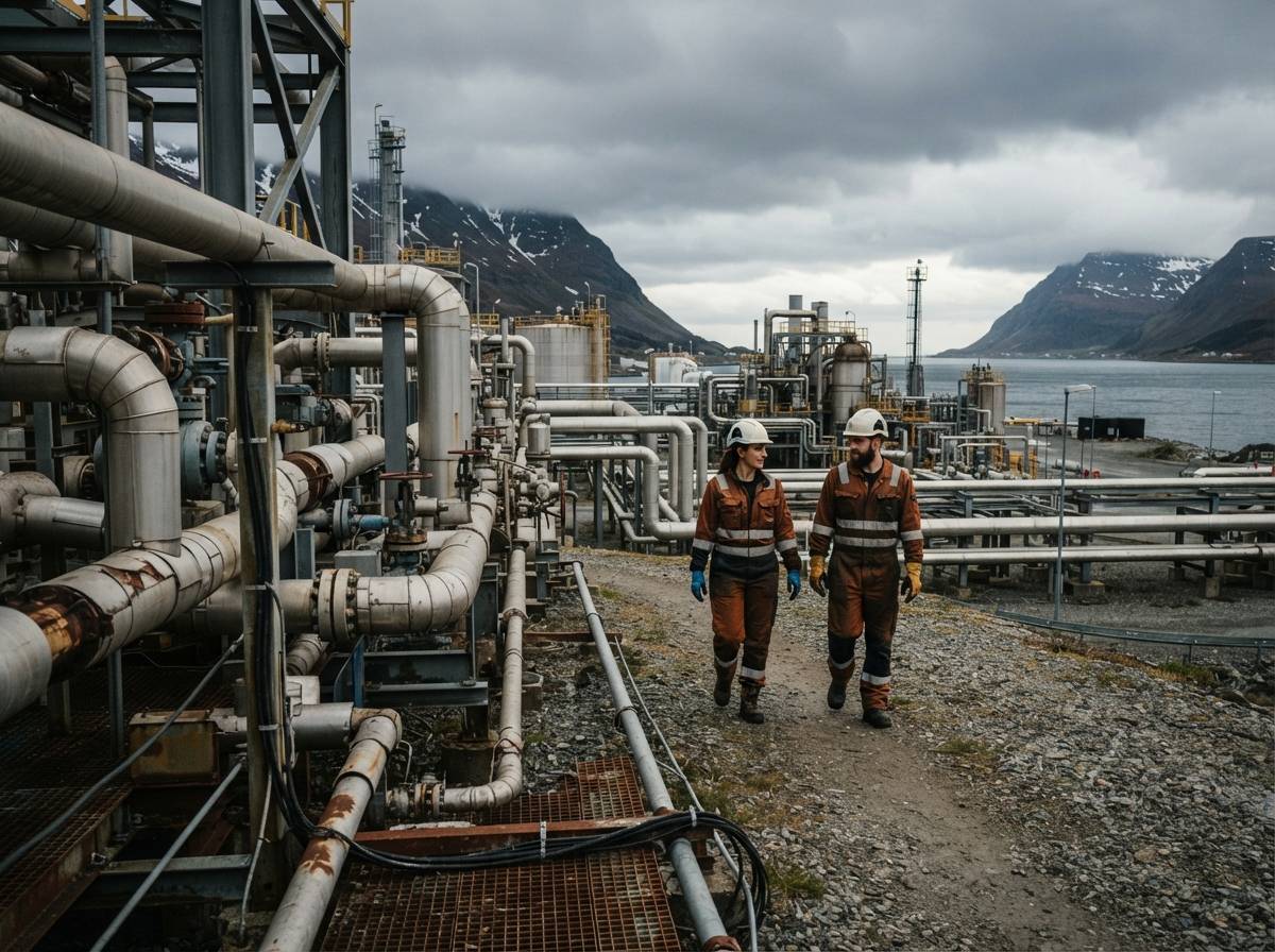 Engineers walk beside pipework at a gas processing facility in northern Norway.