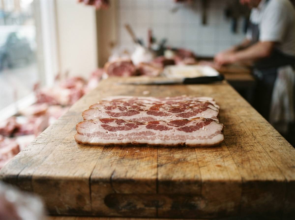 Fresh bacon slices arranged on a wooden cutting board in natural light.