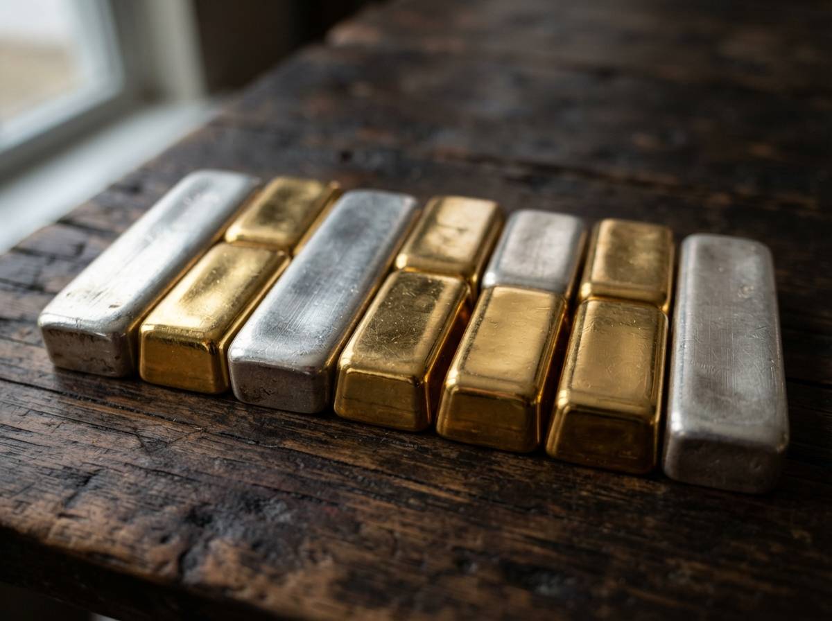 Gold and silver bars arranged side by side on a wooden table.