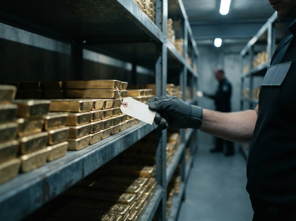 Gold bars stacked on shelving inside a secure storage vault.