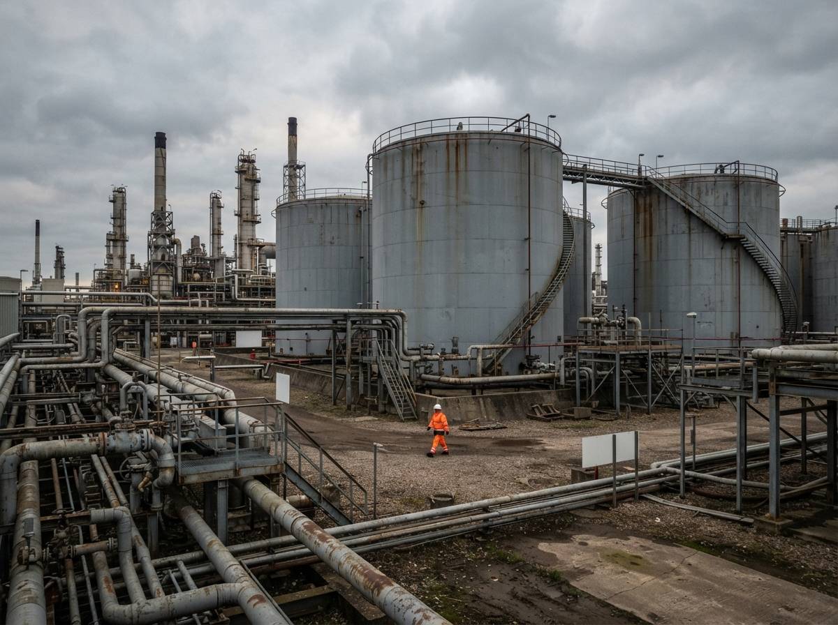 Large oil storage tanks at an industrial refinery under an overcast sky.
