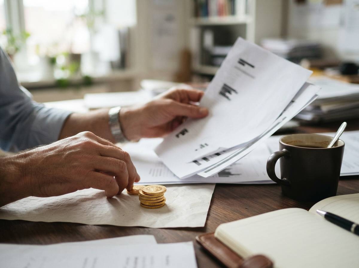 Printed portfolio allocation reports and gold coins sit on a desk during a financial planning session.