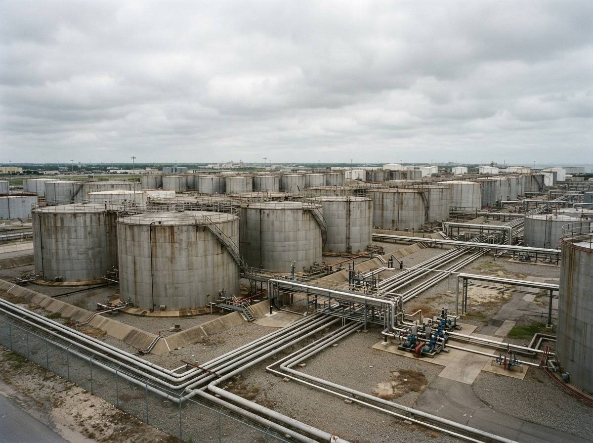 Rows of steel oil storage tanks and pipelines at an industrial terminal under an overcast sky.