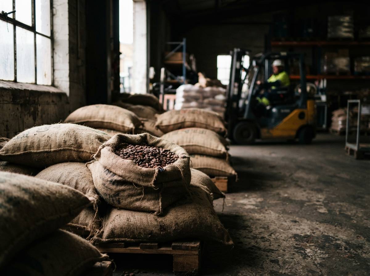 Sacks of raw cocoa beans stacked in a warehouse ahead of a futures delivery deadline.