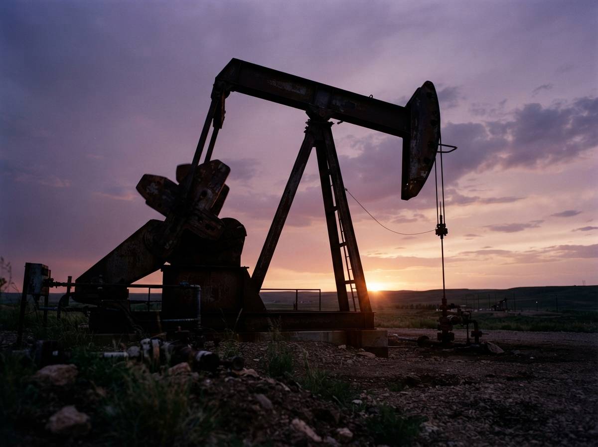 Silhouette of an oil pumpjack against a dusk sky with warm fading light on the horizon.