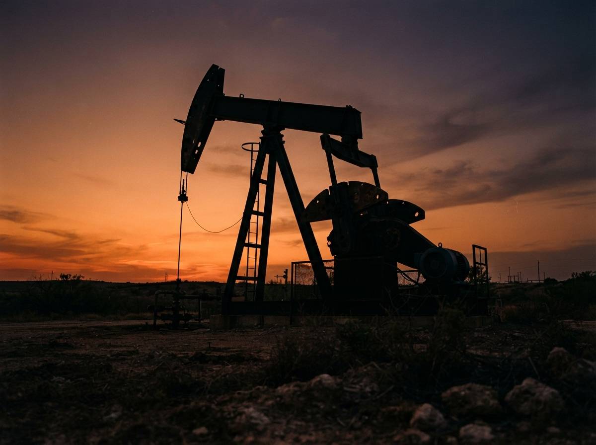Silhouette of an oil pumpjack against an orange dusk sky.