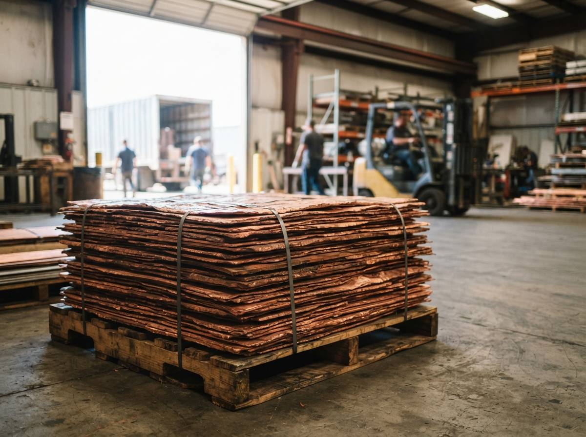 Stacked copper cathode sheets sit on a pallet at a metals warehouse loading dock.