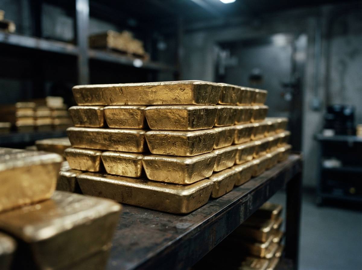 Stacked gold bars sit inside a secure storage vault.