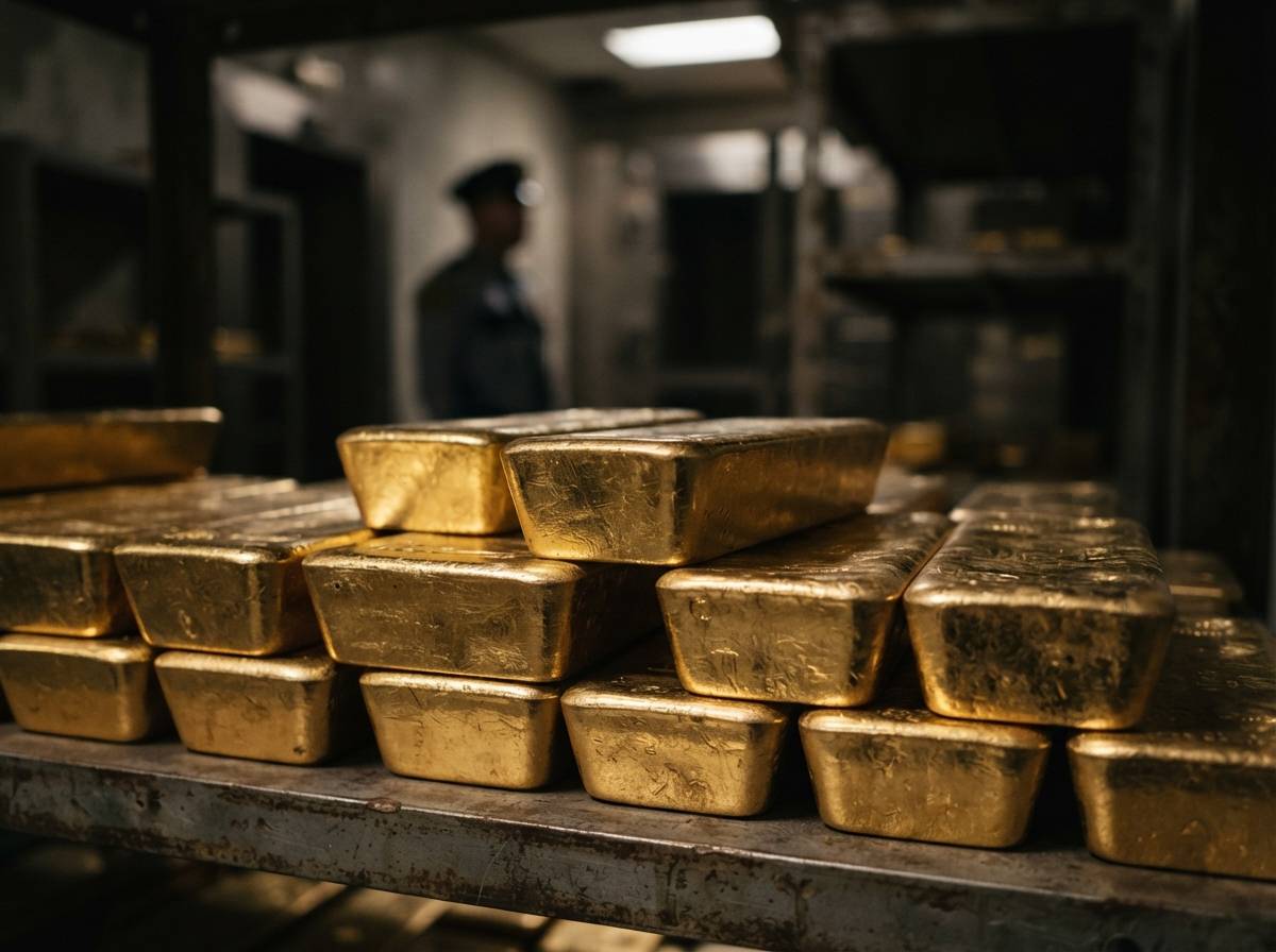 Stacked gold bars sit inside a secure vault, reflecting soft overhead light.