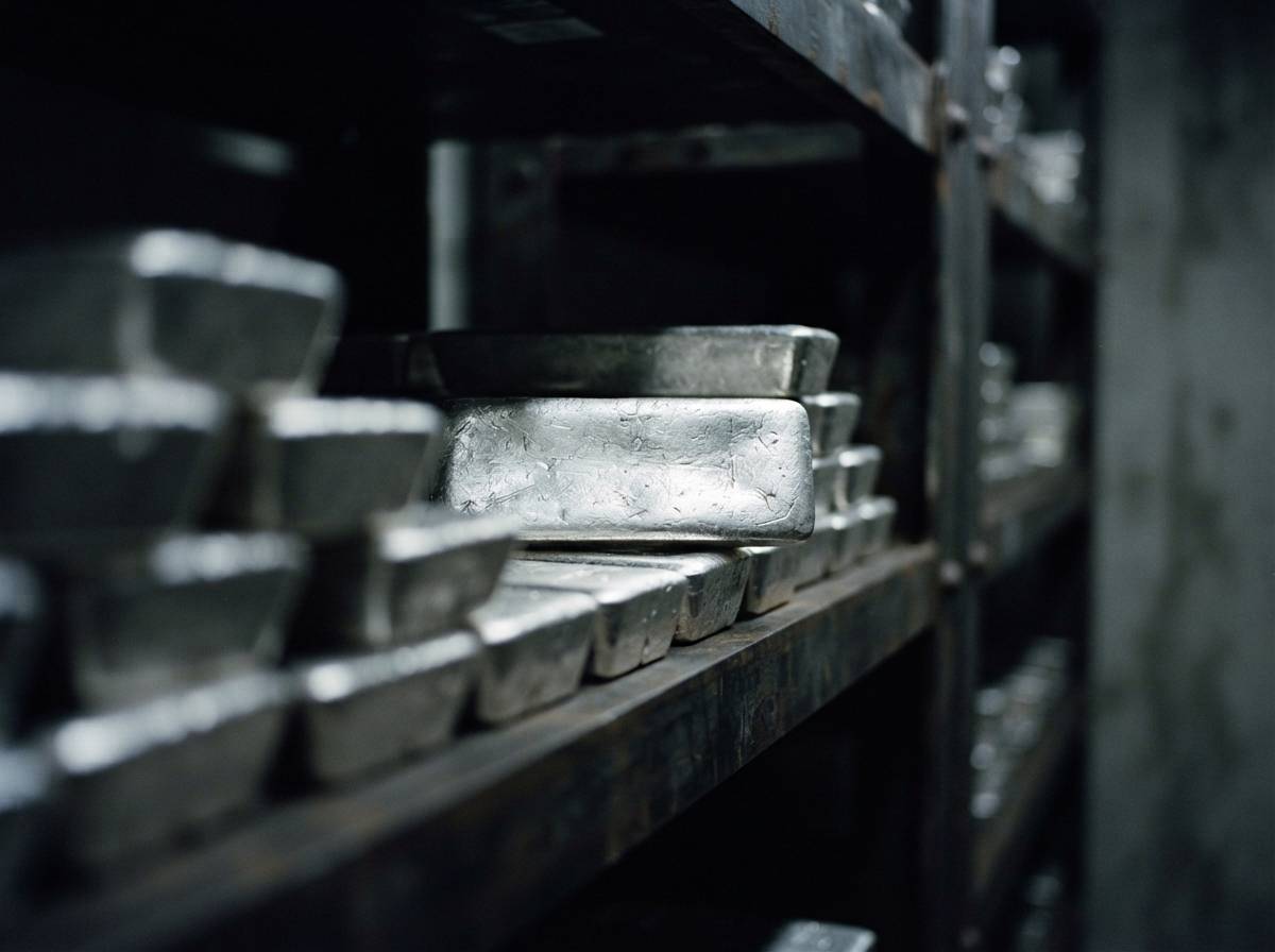 Stacked silver bars sit inside a secure vault under cool overhead lighting.