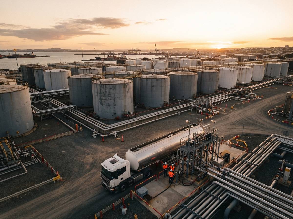 Steel storage tanks and a tanker truck at a crude oil terminal during golden hour.