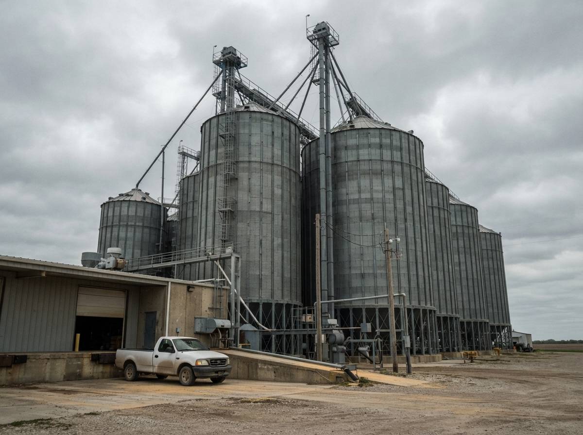 Tall steel grain storage silos stand beside a loading dock under an overcast sky.