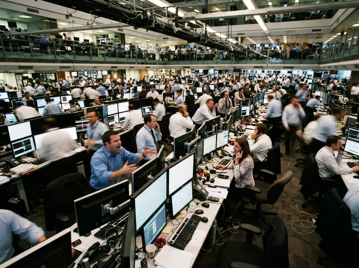 Traders on a busy trading floor react to volatile market movements on their screens.