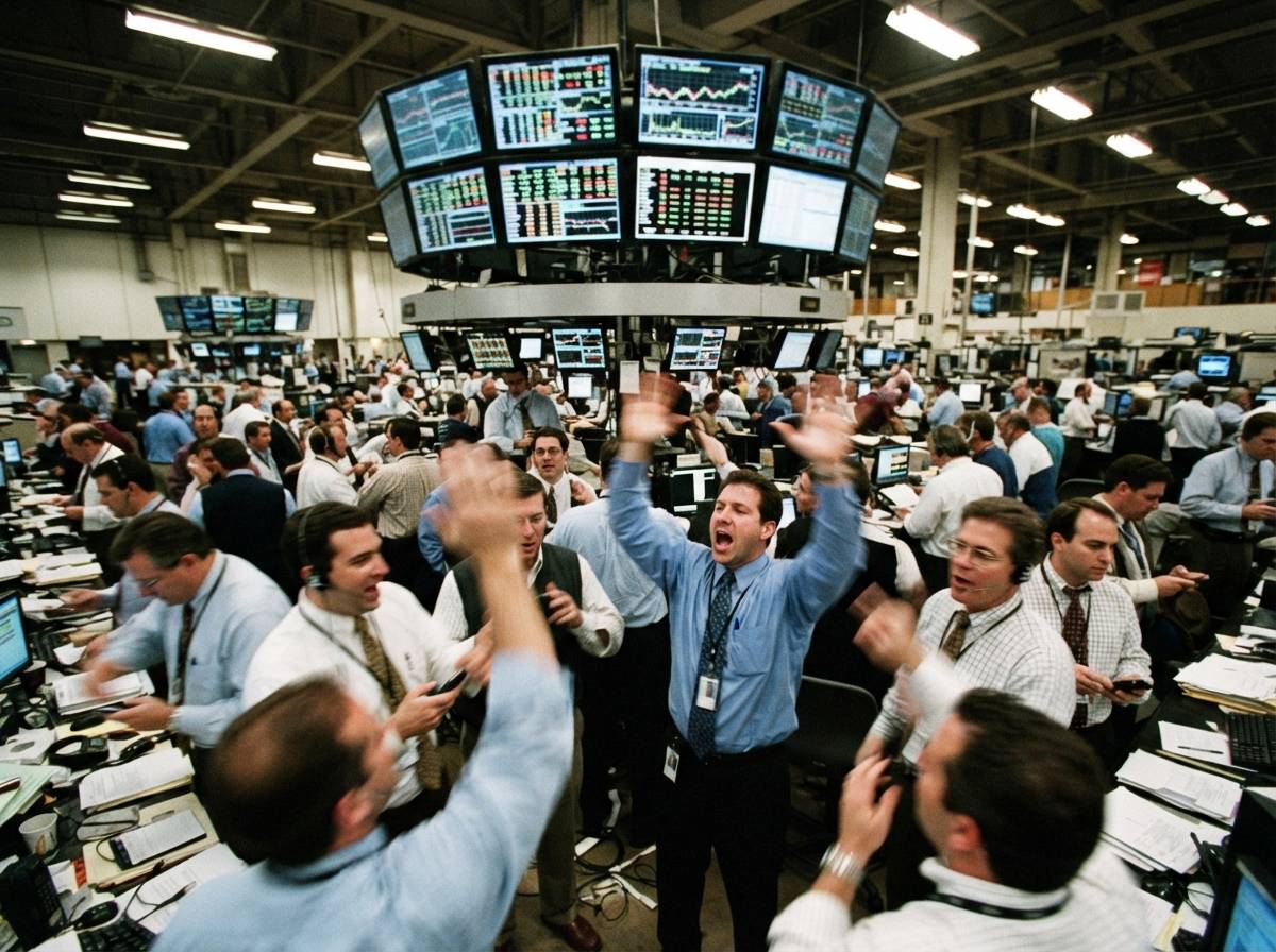 Traders on a grain futures trading floor react to changing wheat and corn prices.