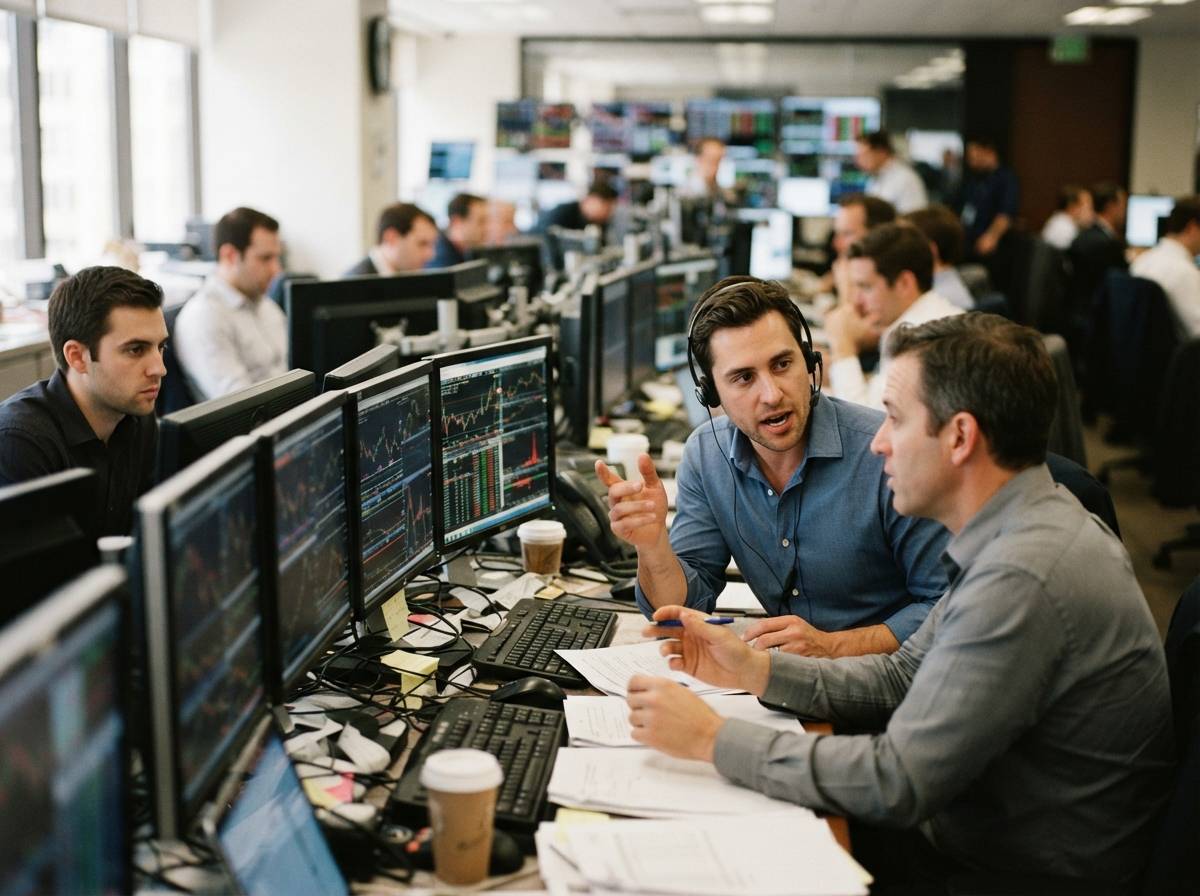Traders reviewing price screens on a commodities trading floor.