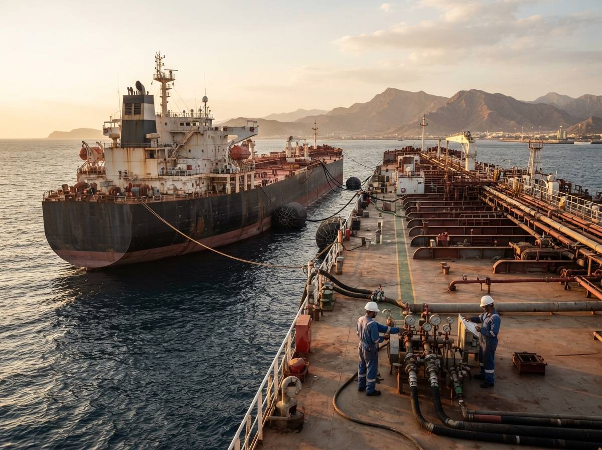 Two tankers sit alongside one another during a crude transfer offshore near Sohar.