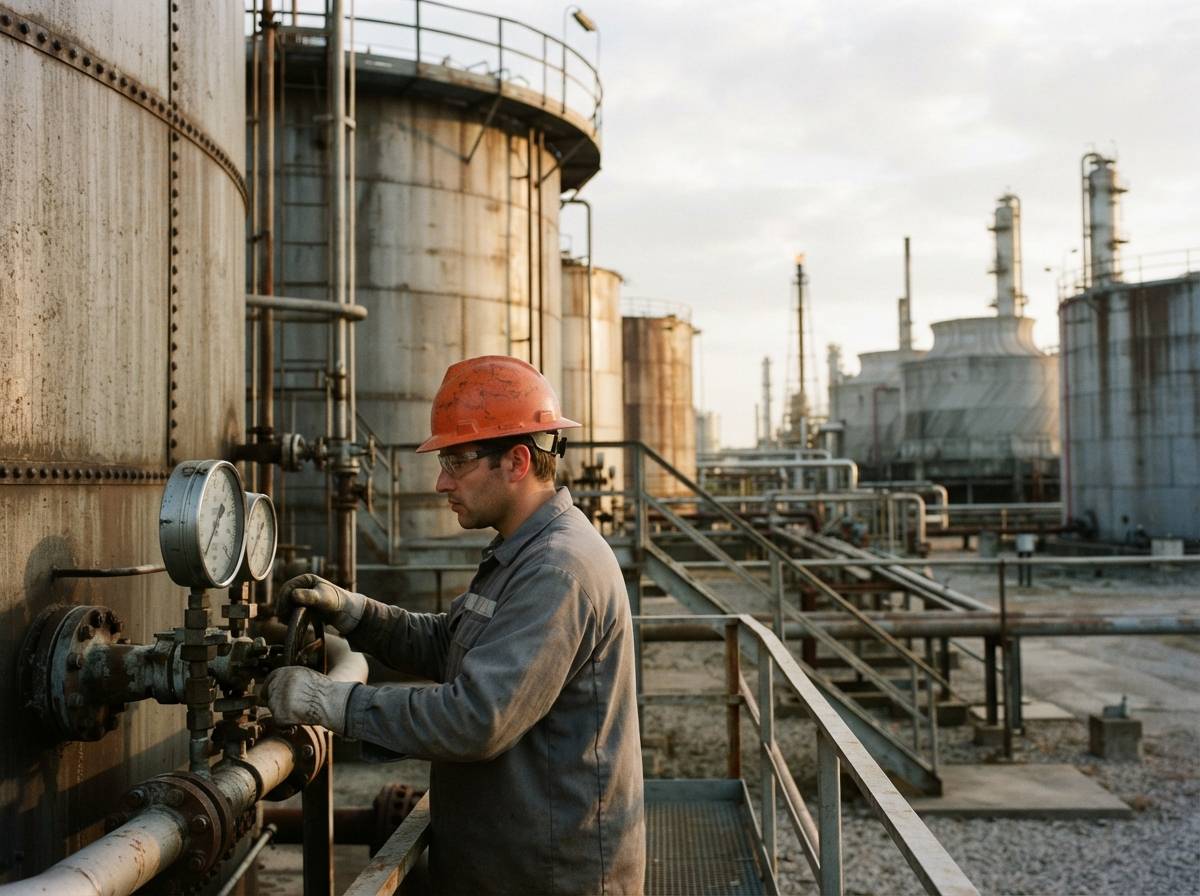 Worker inspecting gauges on heating oil storage tanks at a refinery.