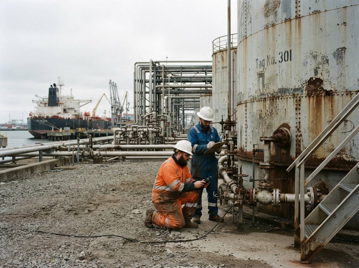 Workers inspect crude storage tanks beside pipes at an oil terminal.